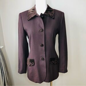 Vintage Kasper Brown Wool & Velvet Embroidered Hourglass Long Blazer S